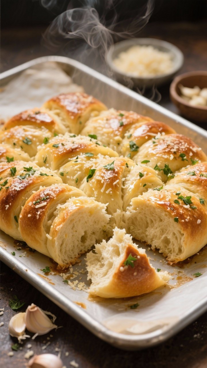 45-degree angle baking scene of panecillos de ajo, parmesano y hierbas en 20 minutos: golden pull-apart garlic-Parmesan herb rolls fresh from the oven, flecks of parsley and oregano visible, butter glaze brushed on top; grated Parmesan and minced garlic in small dishes nearby; steam rising, torn roll showing soft, airy crumb; warm, cozy lighting on a rimmed baking sheet lined with parchment.