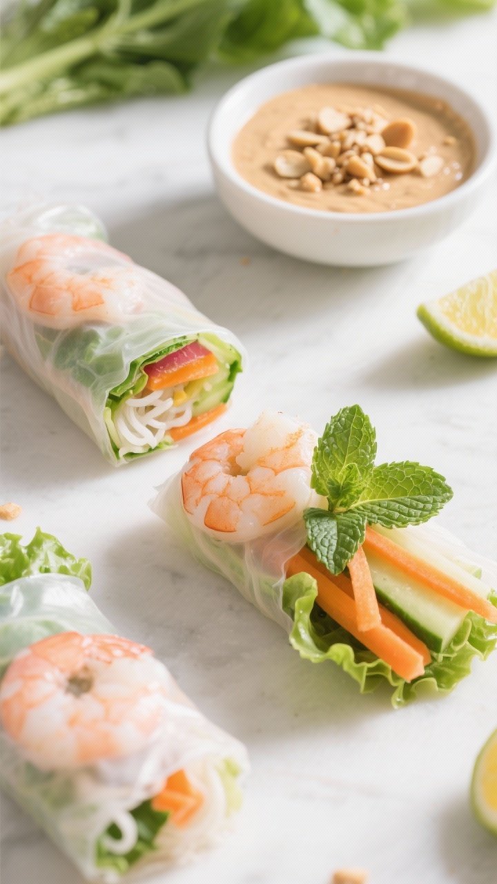 45-degree angle fresh roll assembly for rollitos vietnamitas con salsa cremosa de cacahuate: translucent rice paper rolls stuffed with shrimp, vermicelli, lettuce, mint, cilantro, and julienned carrots and cucumber; cross-section showing colorful layers; small bowl of creamy peanut dipping sauce topped with crushed peanuts and a lime wedge; light, airy styling with plenty of greens and oranges; clean white surface and bright natural light.