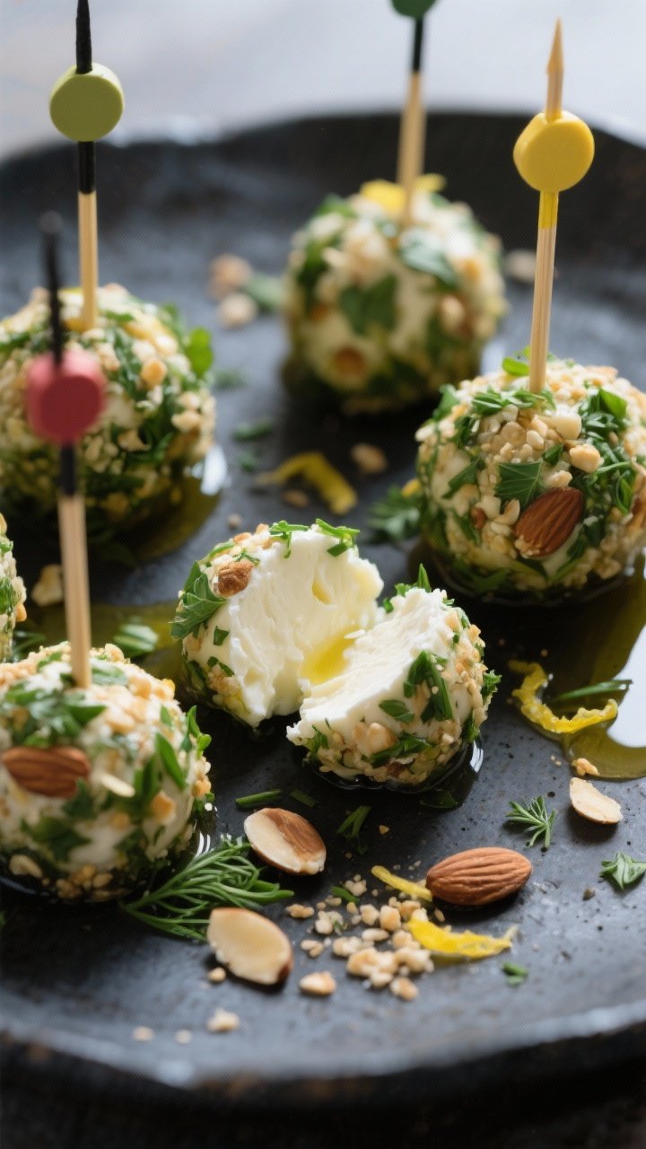 Close-up of bolitas de queso de cabra con hierbas y crujiente de almendra: round goat cheese bites rolled in a mix of chopped fresh parsley, dill, chives, and finely crushed toasted almonds; a few drizzled lightly with olive oil and sprinkled with lemon zest; arranged on a dark ceramic plate with toothpicks and extra herb-almond mix scattered; crisp texture detail and creamy interior visible in one cut-open piece.