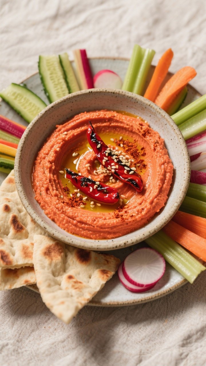 Overhead flat lay of hummus cremoso de pimiento asado with crudités: swirl of silky roasted red pepper hummus in a shallow stoneware bowl, topped with olive oil, smoked paprika, toasted sesame, and charred pepper strips; arranged around are crisp crudités—cucumber spears, rainbow carrots, radishes, and celery—plus warm pita wedges; bright red-orange hummus against neutral linens; soft diffused light for smooth creaminess.