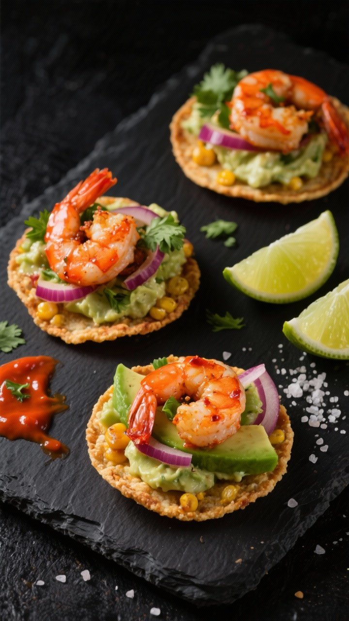 Overhead shot of mini tostadas de camarón al chipotle: bite-sized crispy corn tostadas topped with juicy chipotle shrimp, creamy avocado slices, thin red onion, cilantro, and a drizzle of lime crema; extra lime wedges, chipotle sauce smear, and sea salt scattered on a dark slate board; vibrant orange-red chipotle glaze, green avocado, and fresh herbs popping against a matte black background; high-contrast lighting to highlight glossy shrimp and crispy tostada texture; no people.