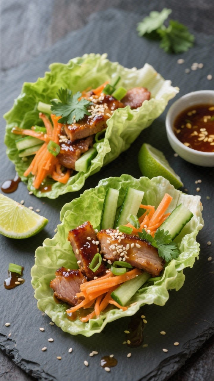 Overhead shot of tacos de lechuga con cerdo al estilo Asia y salsa de lima: crisp lettuce cups filled with glossy soy-ginger pork, shredded carrot, sliced scallions, cucumber matchsticks, and cilantro; drizzled with tangy lime dressing and sprinkled with sesame seeds; lime wedges and a small bowl of dressing on the side; vibrant greens and caramelized pork tones; modern slate surface for contrast.