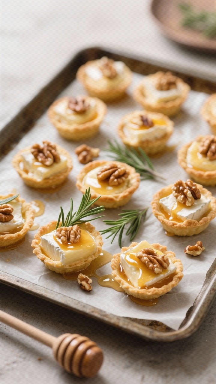 Straight-on plated tartaletas de brie, miel y romero con toque de nuez: mini puff pastry tartlets filled with molten brie, honey drizzle pooling, sprigs of fresh rosemary, and chopped toasted walnuts; arranged in staggered rows on a parchment-lined baking tray, honey dipper resting nearby; golden pastry, glossy honey highlights, creamy brie oozing slightly; crisp focus on textures with gentle bokeh.