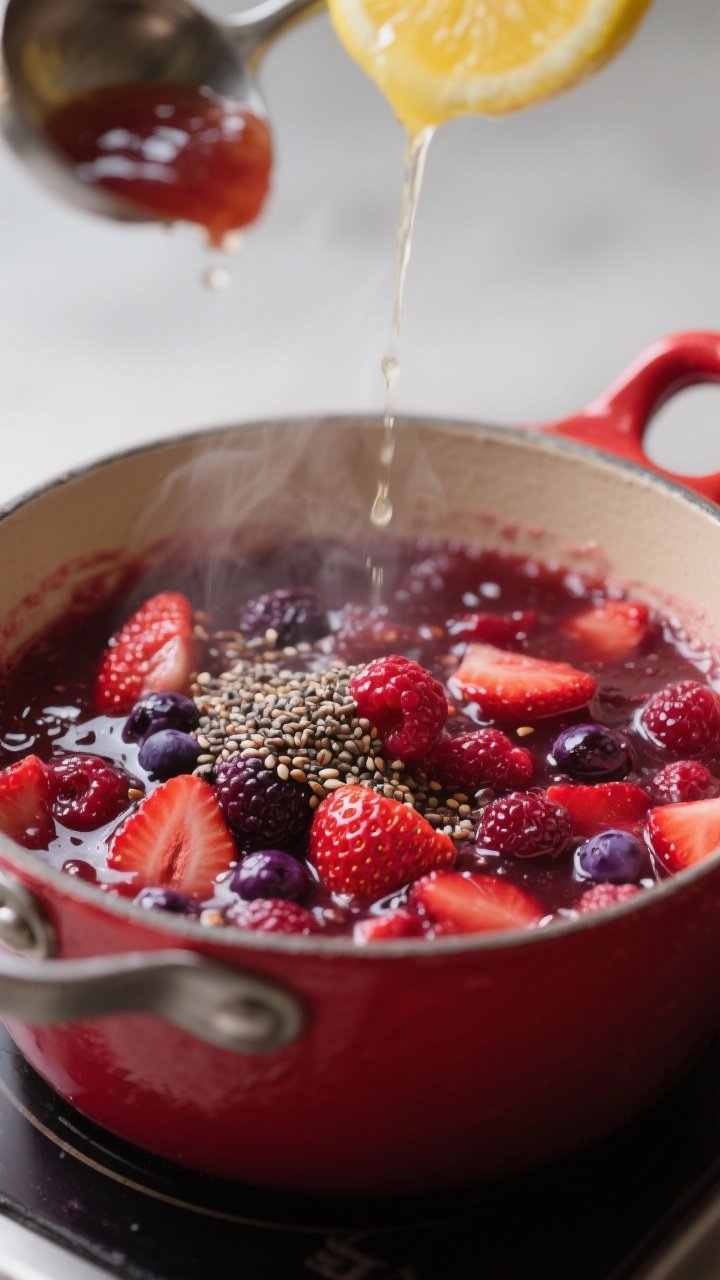 Close-up del momento de cocción: mermelada de frutos rojos ya burbujeante en cacerola pequeña, con