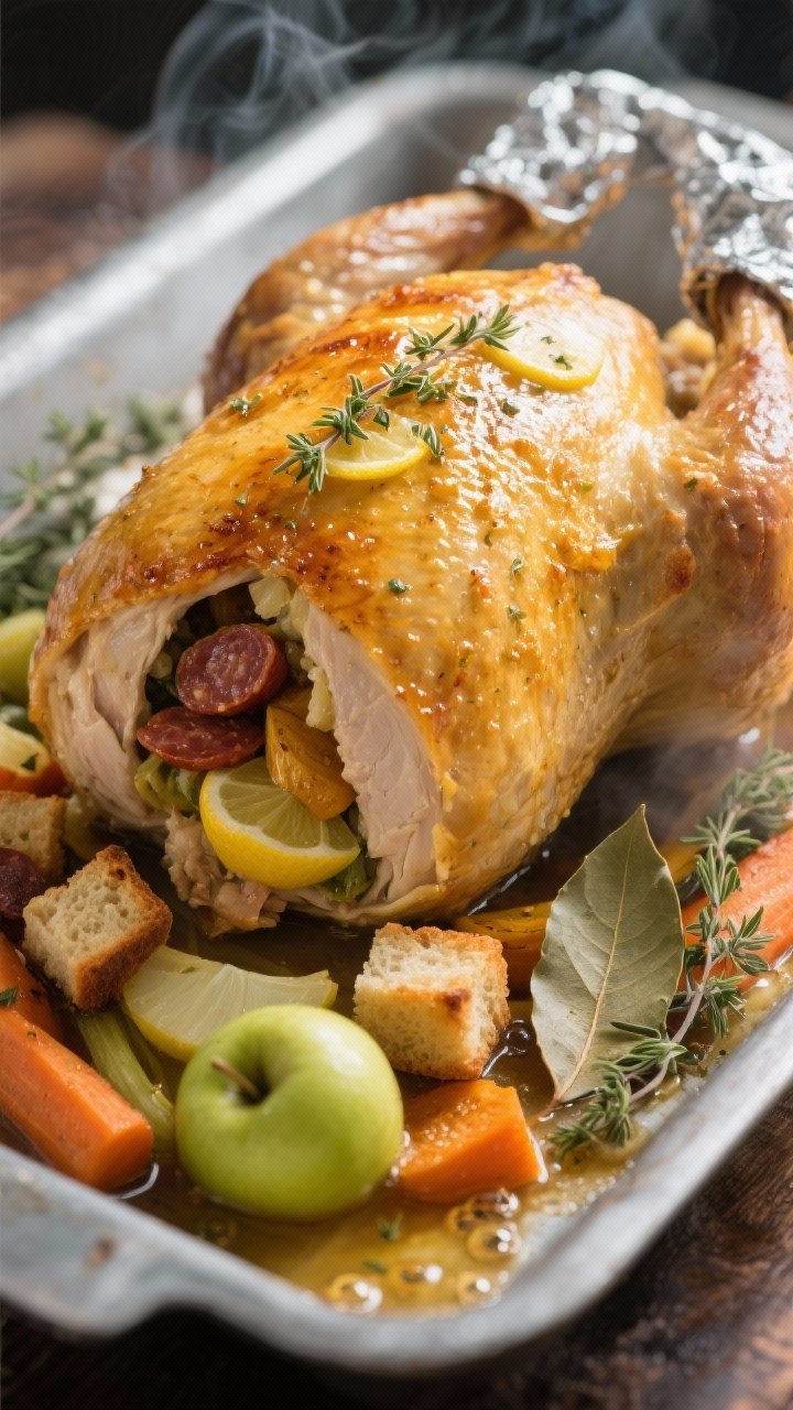 Close-up del pavo relleno recién salido del horno durante el reposo: piel dorada y crujiente con br