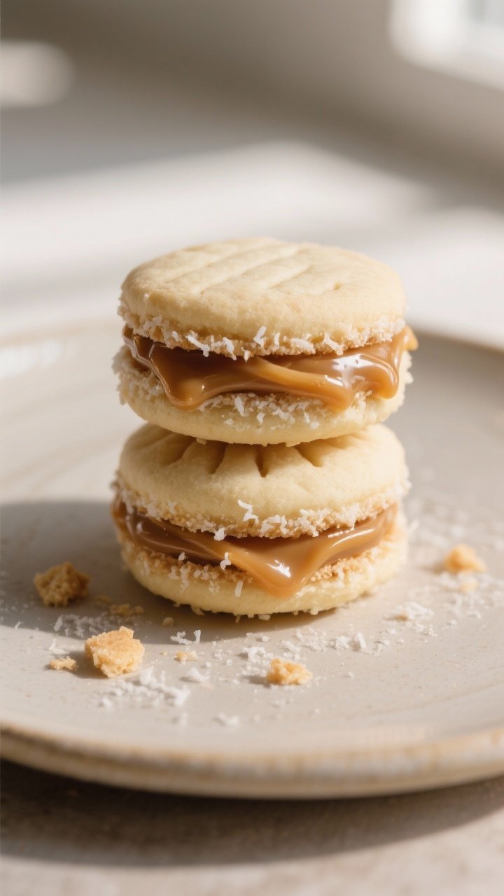 Close-up detail: A pair of assembled galletitas de maicena y leche condensada rellenas de dulce de l