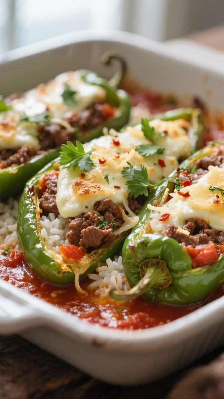 Close-up detail shot: Italian green peppers just out of the oven, split lengthwise and stuffed with 