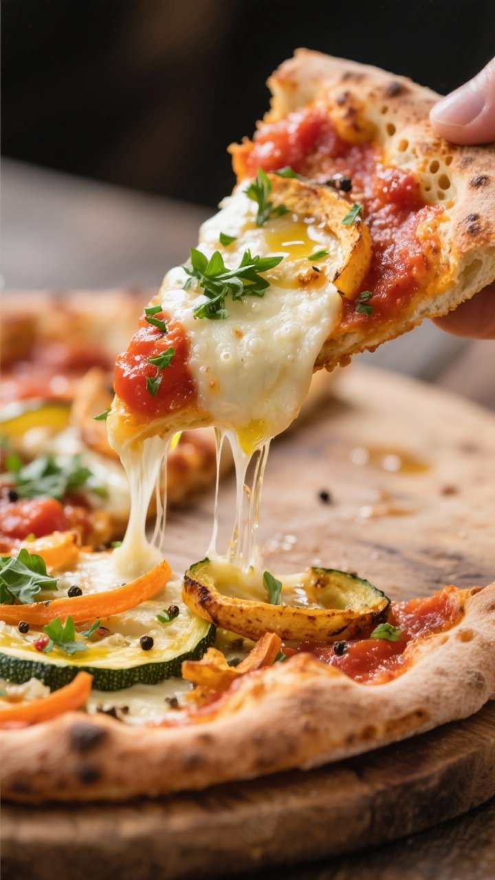 Close-up macro del momento de corte y servido: una porción levantada mostrando el estirado del ques