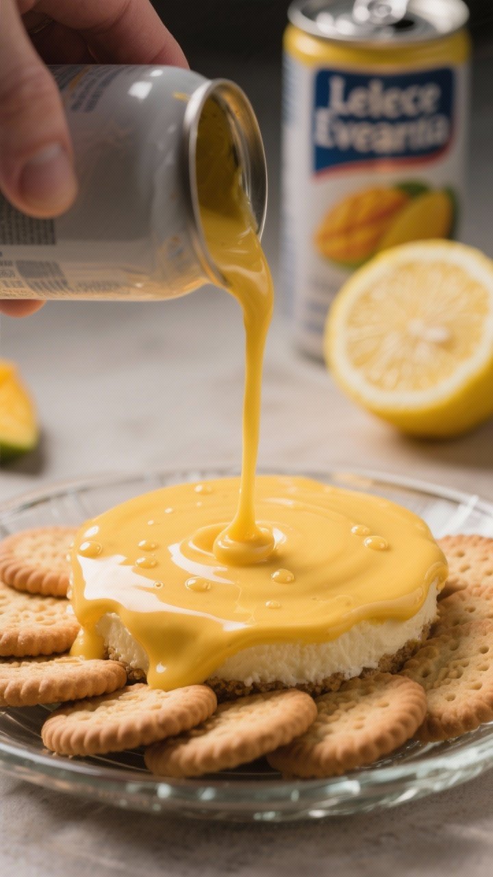 Close-up process shot of the crema being poured over a set layer of galletas María inside the glass