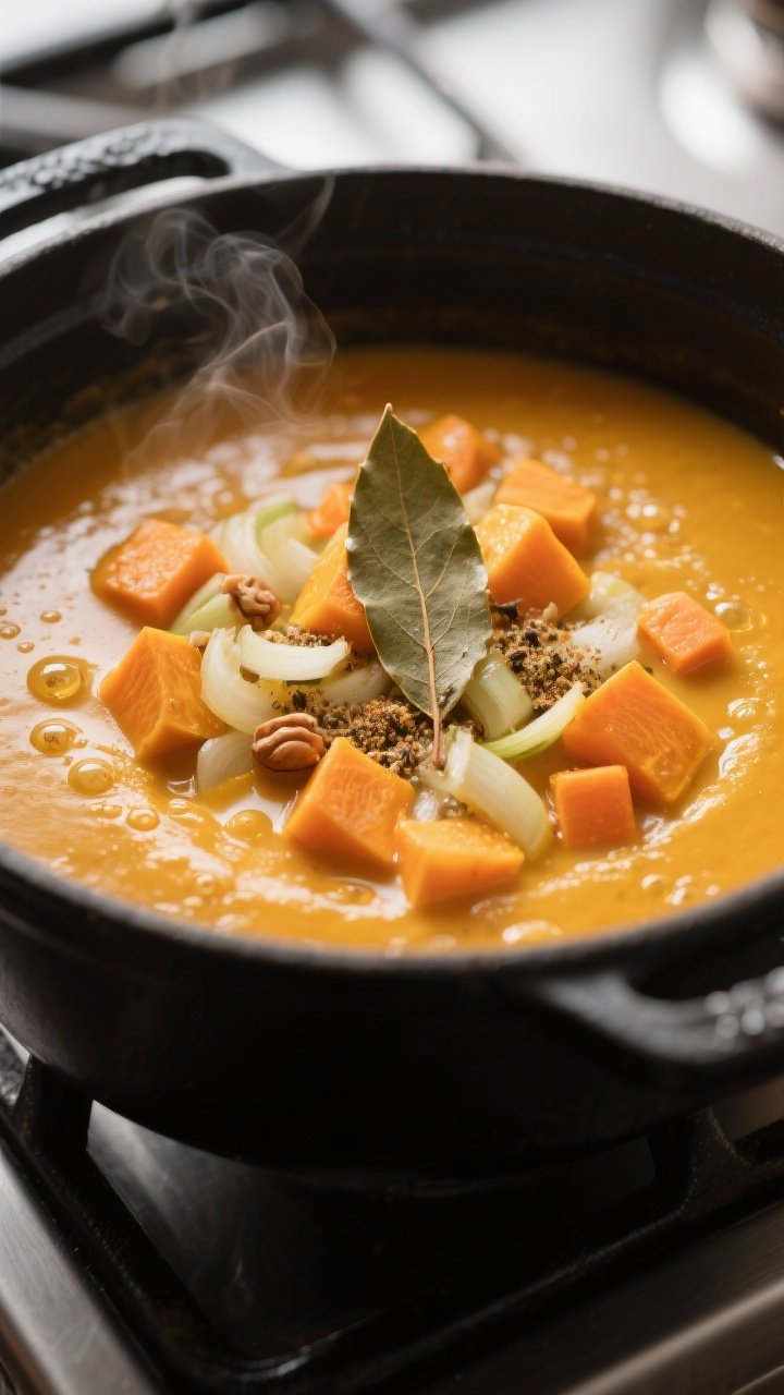Cooking process close-up: A deep, matte-black pot on the stove with a glossy, simmering pumpkin soup