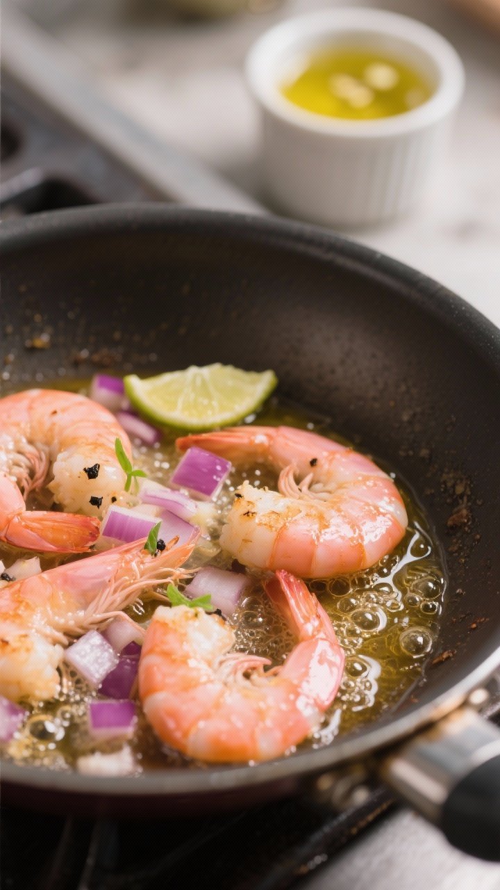 Cooking process close-up: Medium-close shot of just-sautéed pink gambas in a small skillet, glisten
