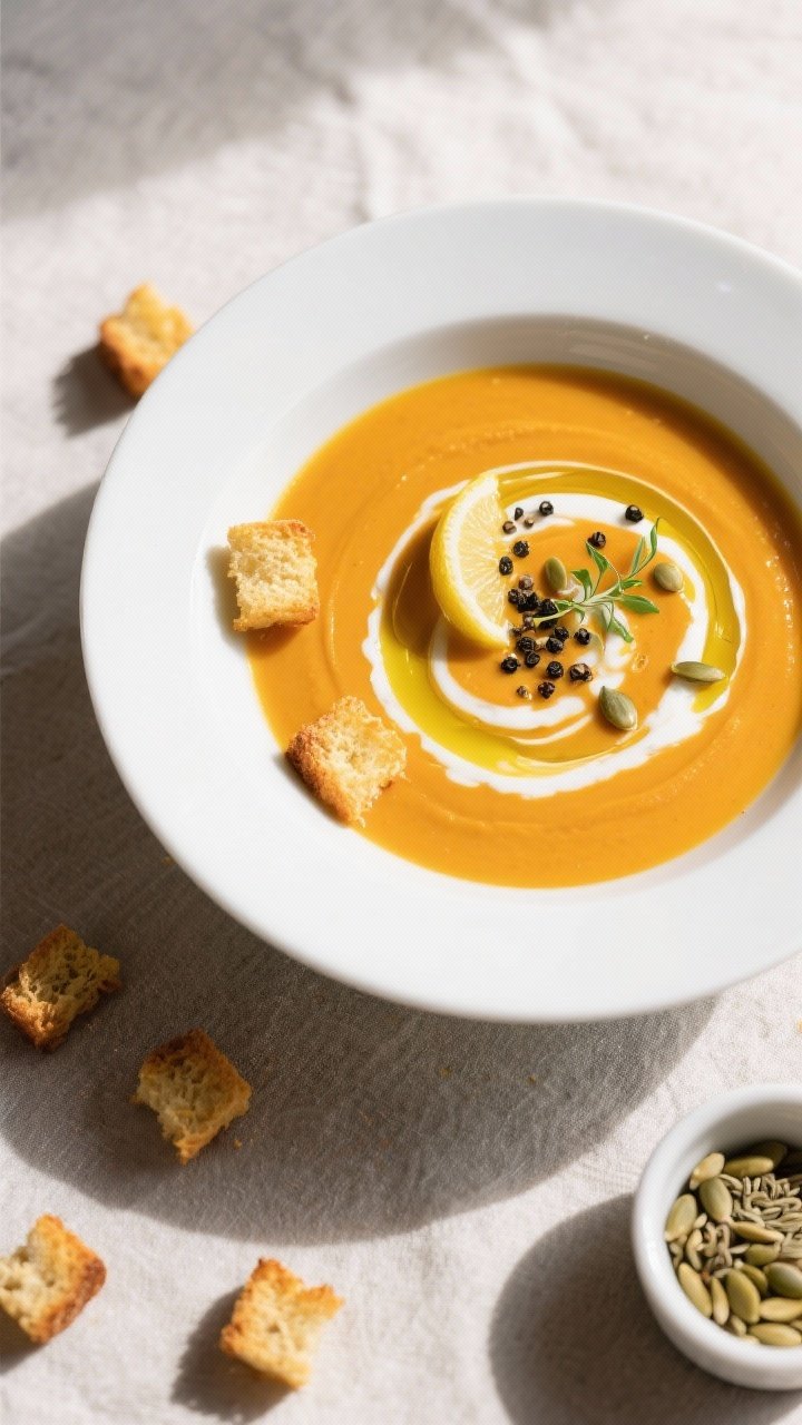 Final dish top view: Overhead shot of a bowl of crema de calabaza ultra lisa y brillante, richly ora