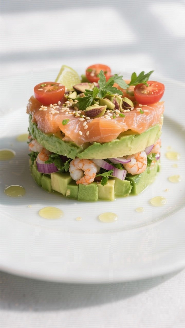 Final plated timbal: Overhead top-down shot of an elegant timbal de aguacate, gambas y salmón neatl
