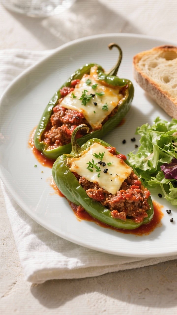 Overhead final presentation: Beautifully plated baked Italian green stuffed peppers arranged on a ma