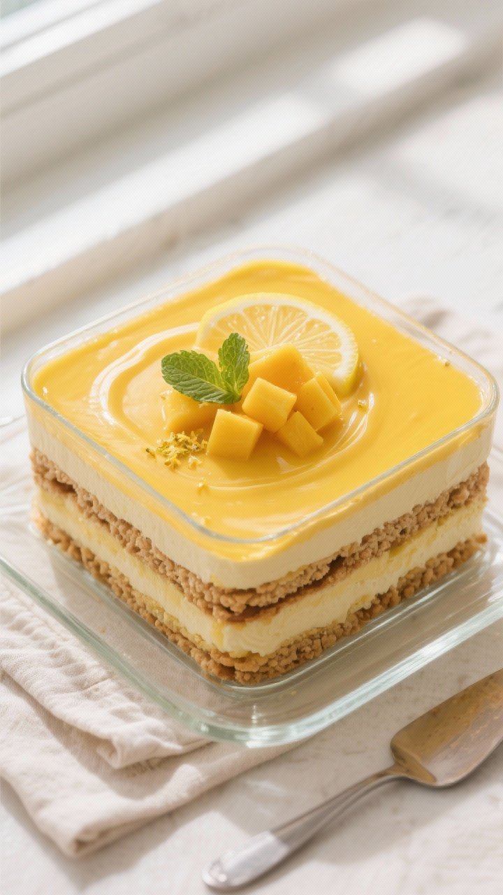 Overhead shot of a freshly layered carlota de mango in a clear 20x20 cm glass dish, showing alternat