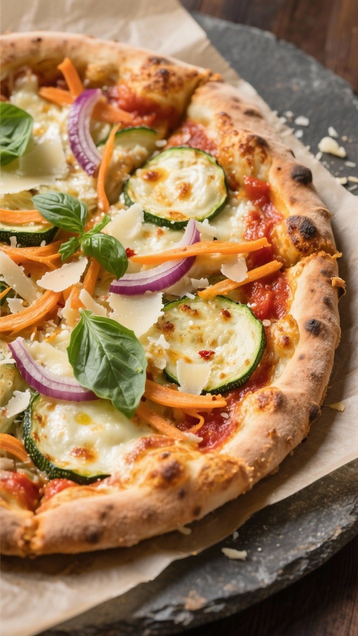 Overhead shot of the finished “Pizza vegetariana de calabacín y zanahoria” just out of the oven