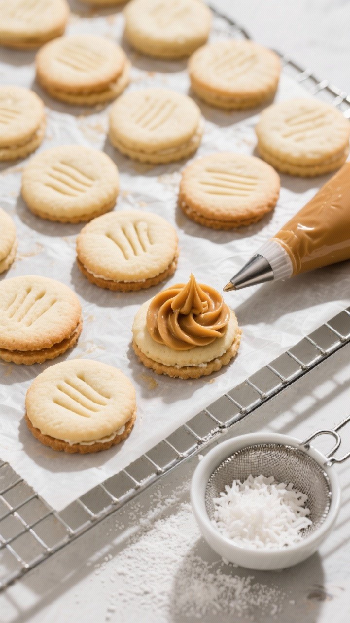 Tasty top view, cooking process: Overhead shot of just-baked cookie “tapas” cooling on a wire ra