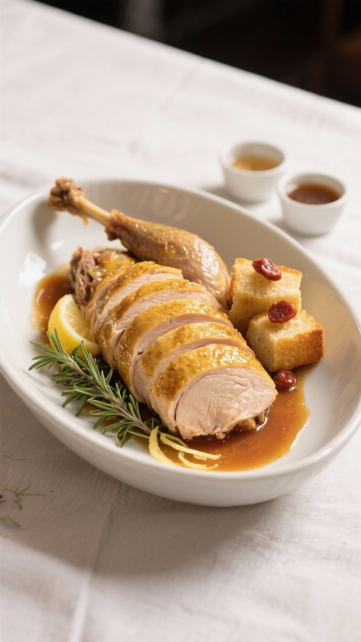 Toma cenital final y elegante del pavo trinchado: rebanadas jugosas de pechuga con bordes dorados y 