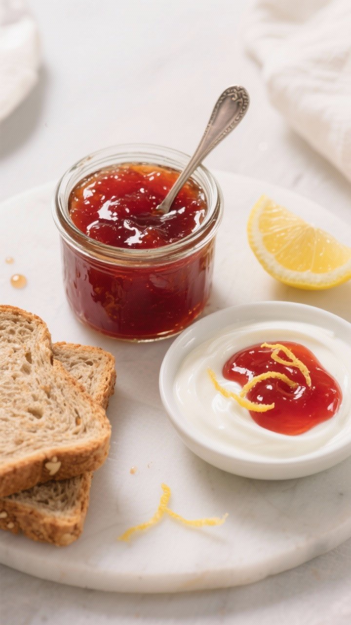 Toma cenital “tasty top view” de la mermelada final sin azúcar: frasco de vidrio pequeño rebos