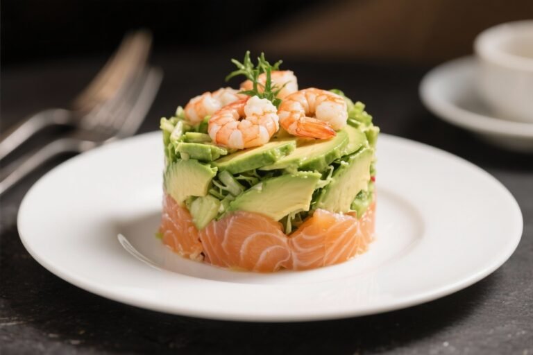 Elegante Timbal De Ensalada De Aguacate, Gambas Y Salmón Receta – Fresca, Cremosa Y Listísima Para Sorprender